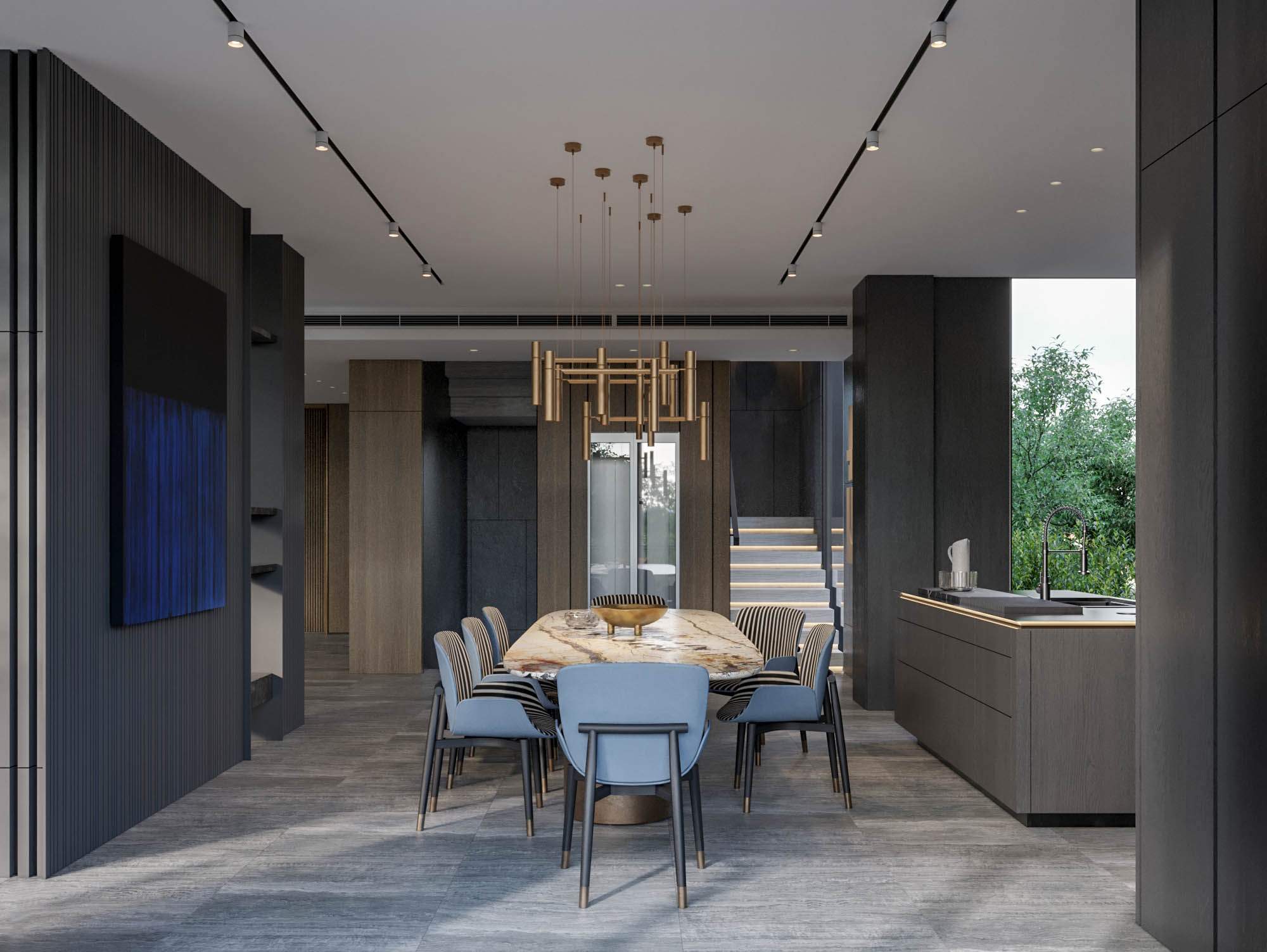 luxury contemporary open-living plan, travetine dining table, besokple TV wall and cabinatry Meiger design 