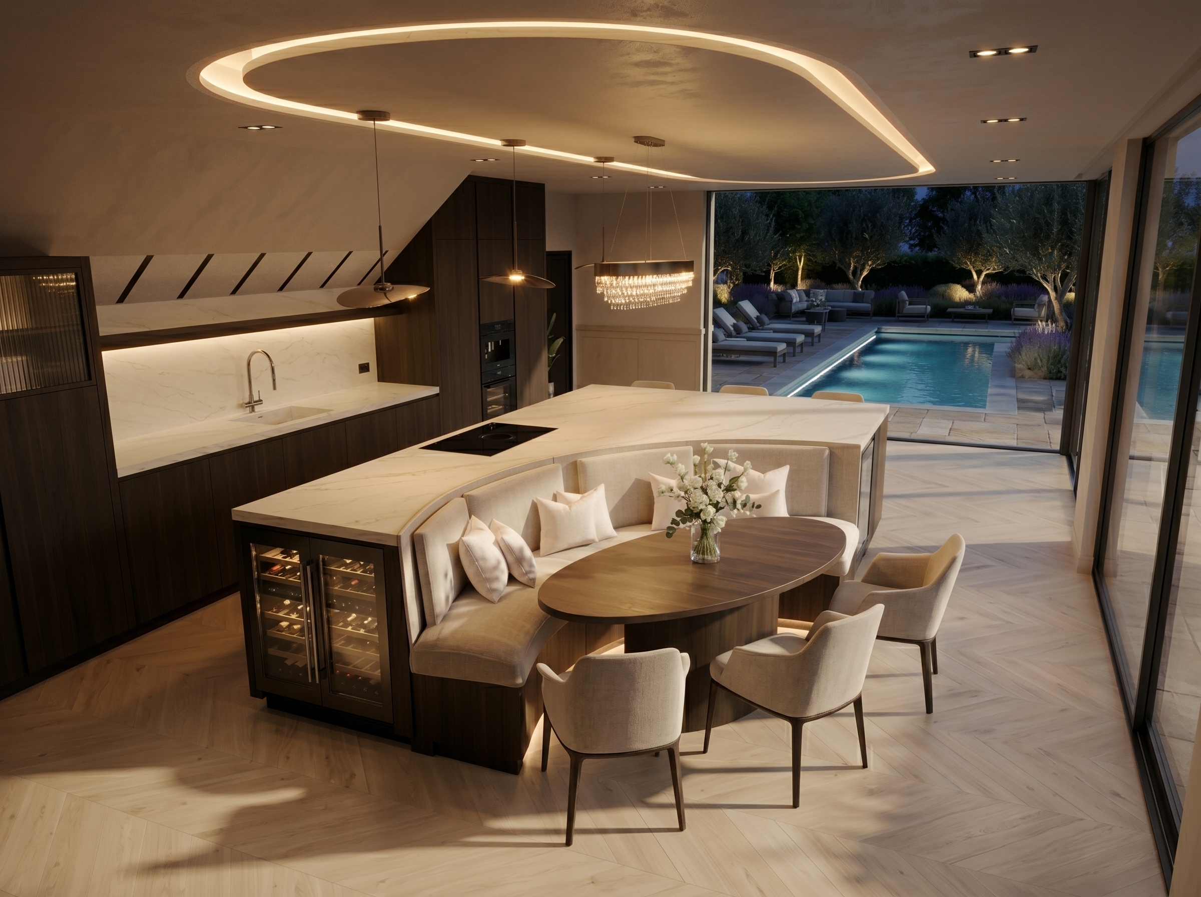 luxury contemporary kitchen bespoke curve island pool view Italian style lighting design by Meiger