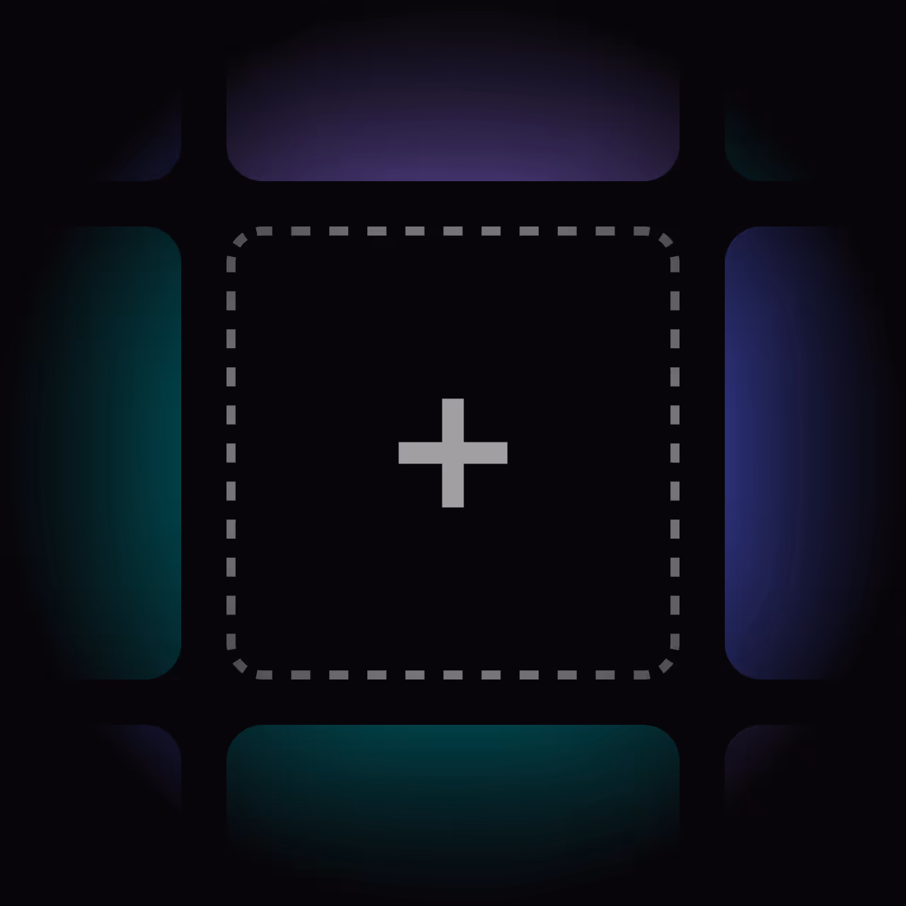 Dark grid with a central square outlined by dashed gray lines and a gray plus symbol inside.