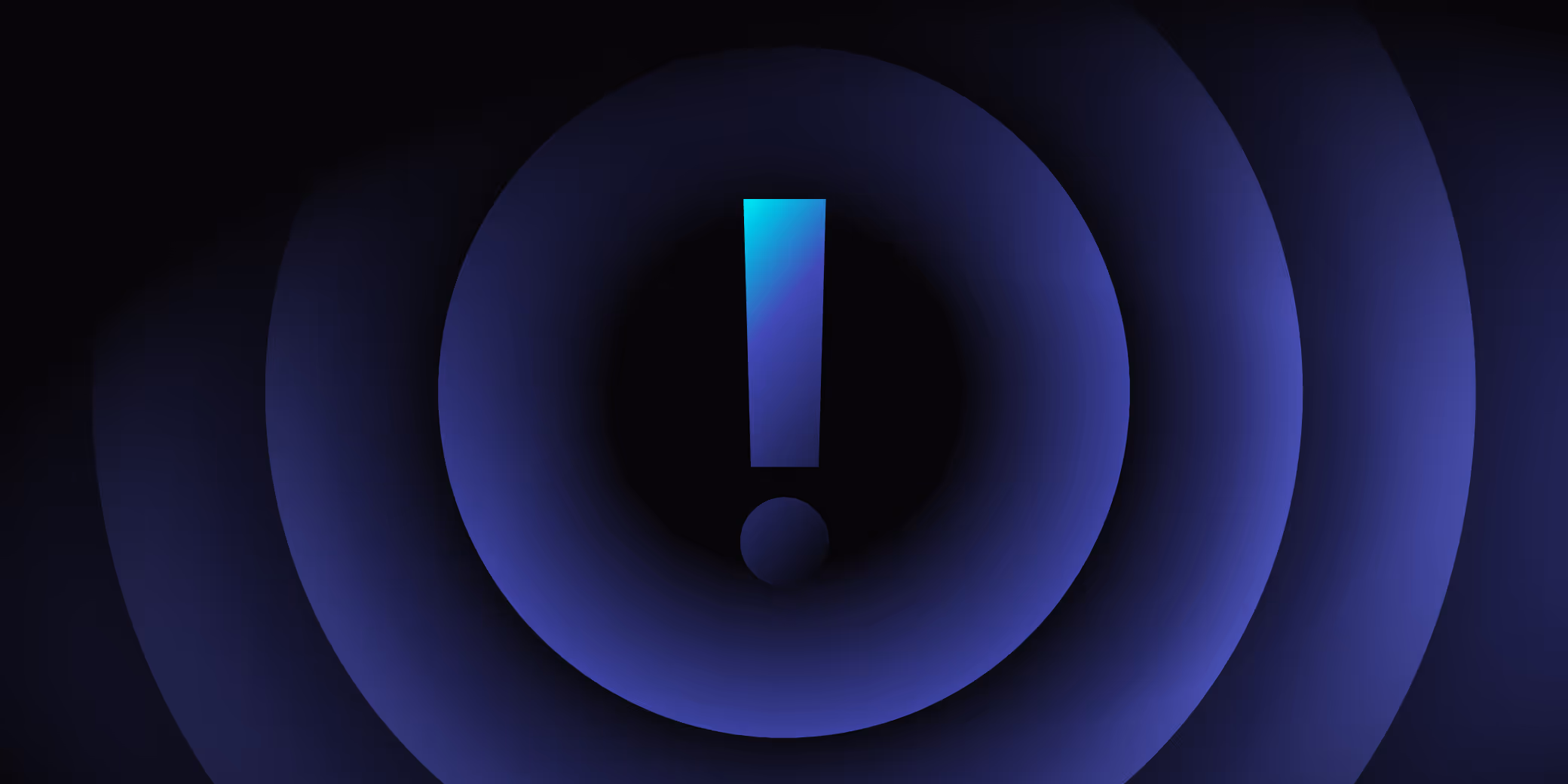 Blue exclamation mark centered inside concentric dark blue circles on a black background.