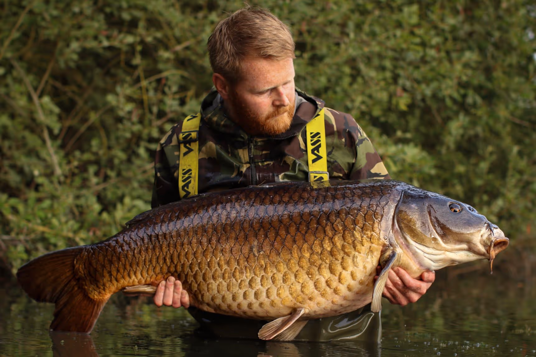 Homme avec barbe rousse en tenue camouflage tenant une grande carpe au-dessus de l'eau avec des arbres en arrière-plan.
