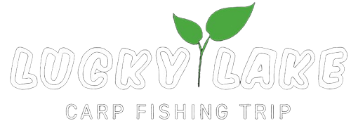 Logo Lucky Lake avec deux feuilles vertes entre les mots, et le texte 'Carp Fishing Trip' en dessous.