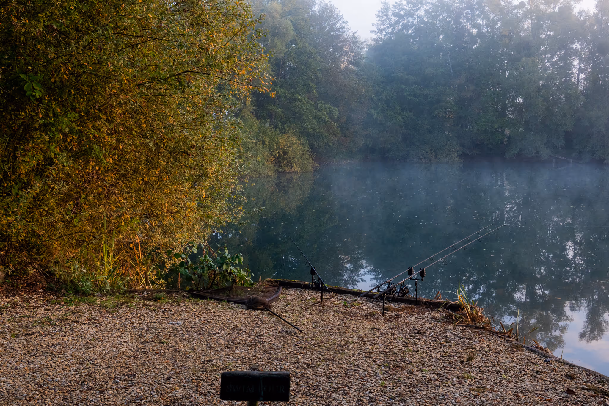 Bord de lac brumeux avec deux cannes à pêche plantées sur une rive de graviers et des arbres verts en arrière-plan.