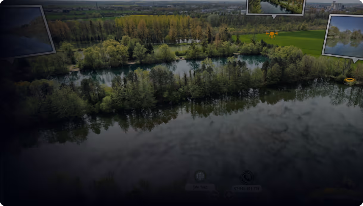 Vue aérienne d'un paysage naturel comprenant plusieurs plans d'eau entourés d'arbres verts et champs en arrière-plan.