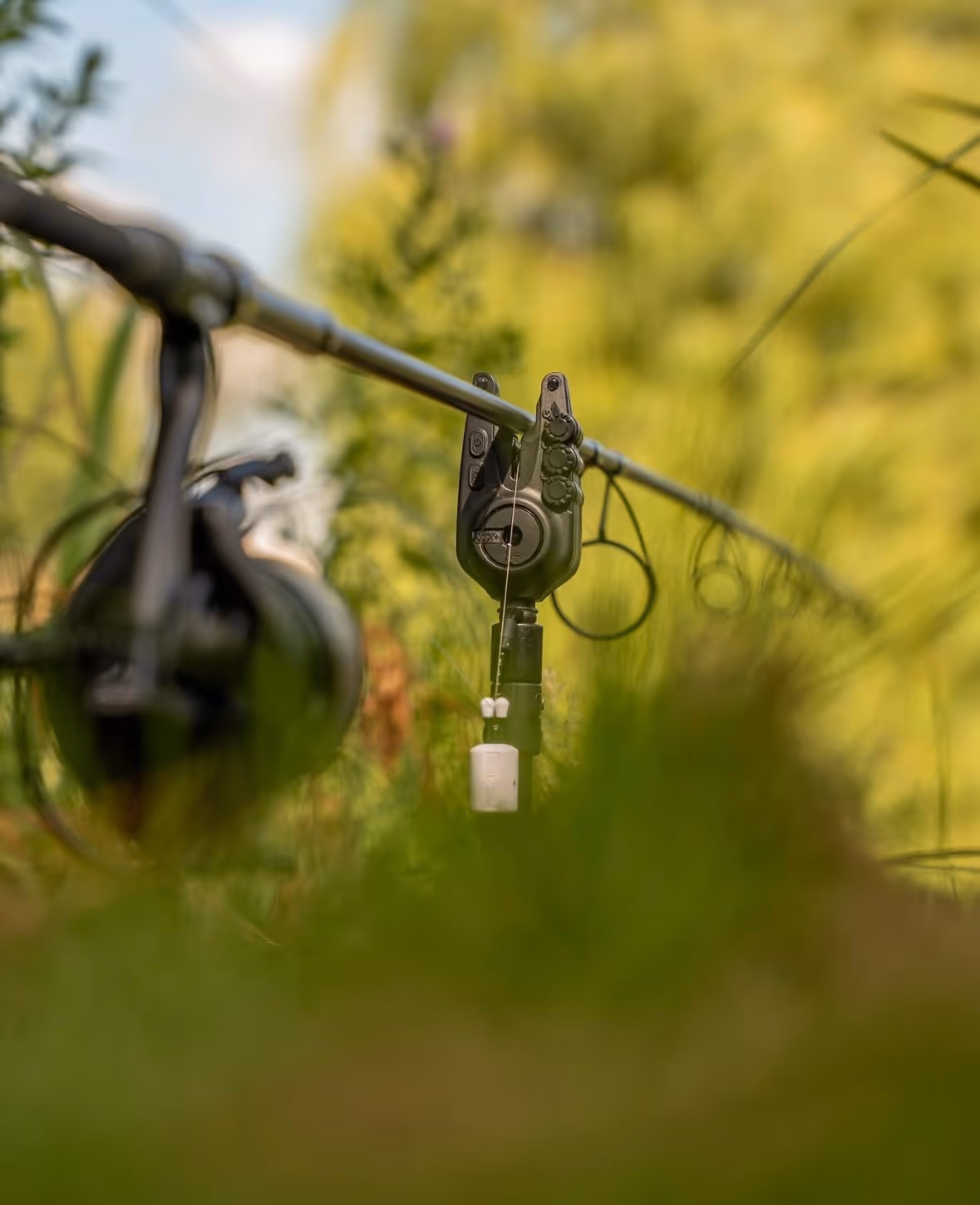 Appareil de détection de touches de canne à pêche placé sur un support dans l'herbe verte.