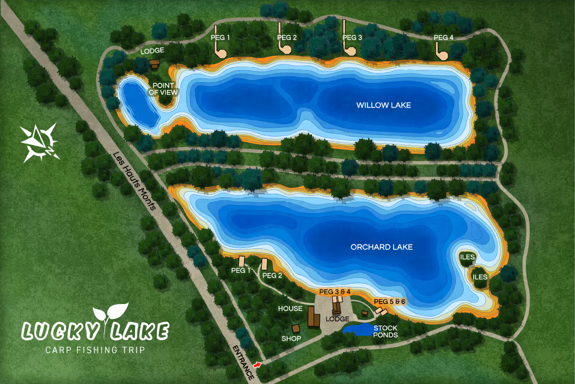 Plan des lacs Willow et Orchard avec emplacements des cannes à pêche, lodge, points de vue, îles et autres bâtiments dans une zone boisée.