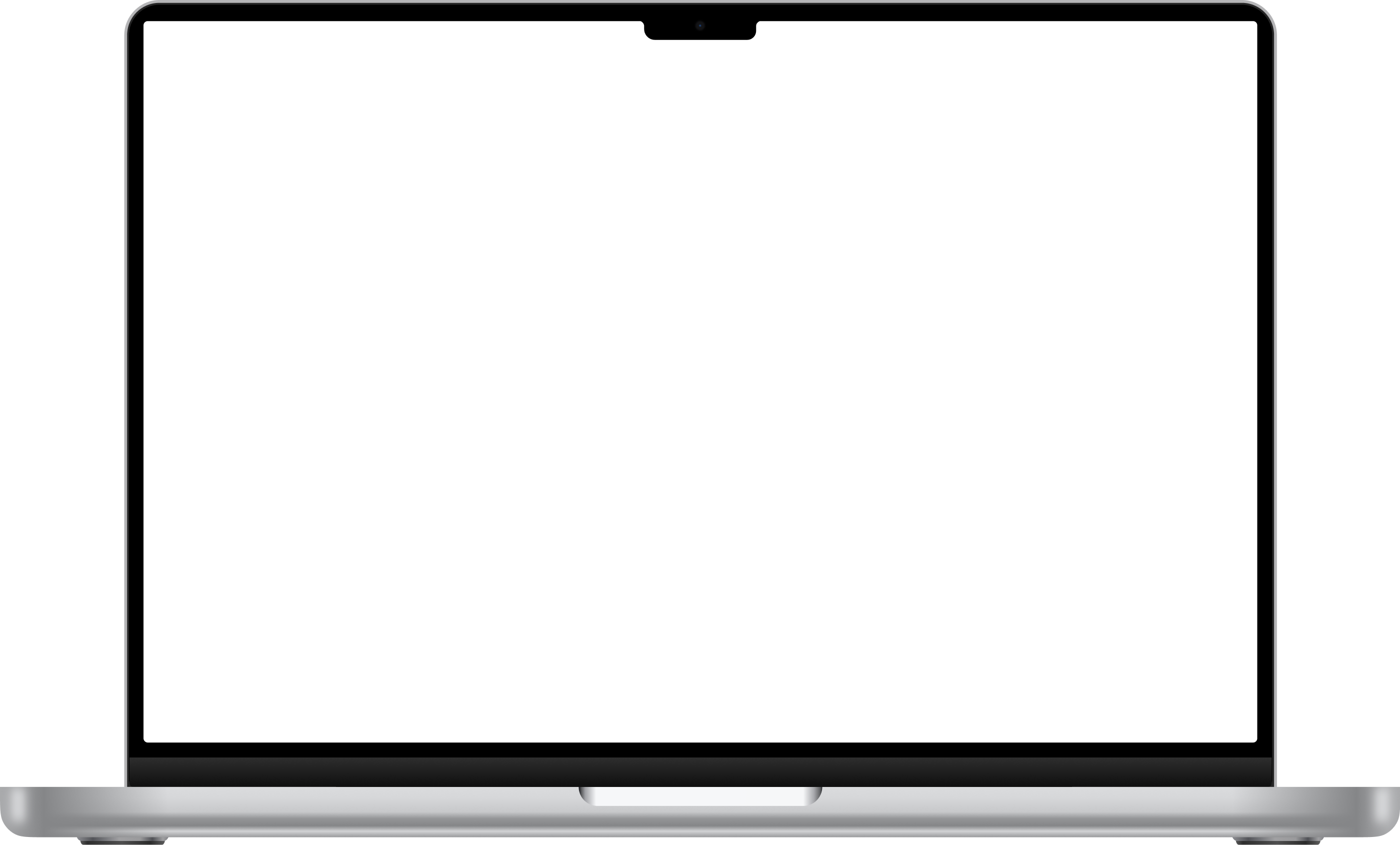 Front view of a silver laptop with a black screen and a visible keyboard edge.