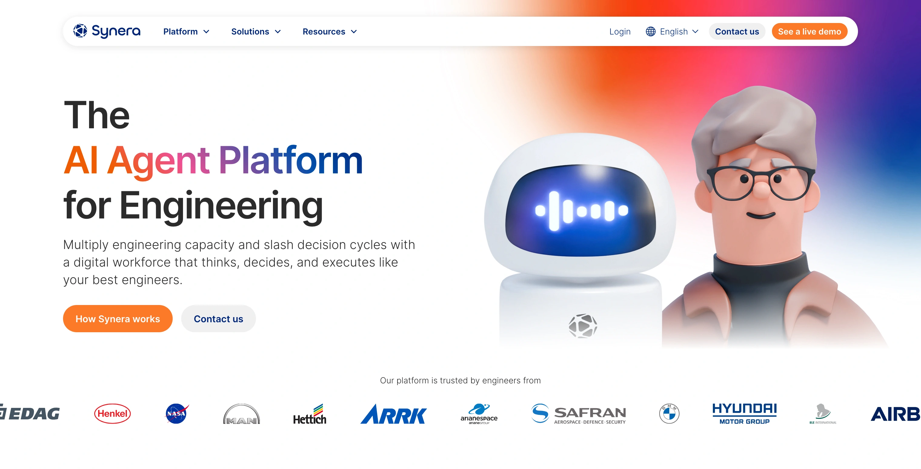 Website header showing Synera AI Agent Platform for Engineering with a robot and cartoon engineer figure, and logos of trusted engineering companies below.