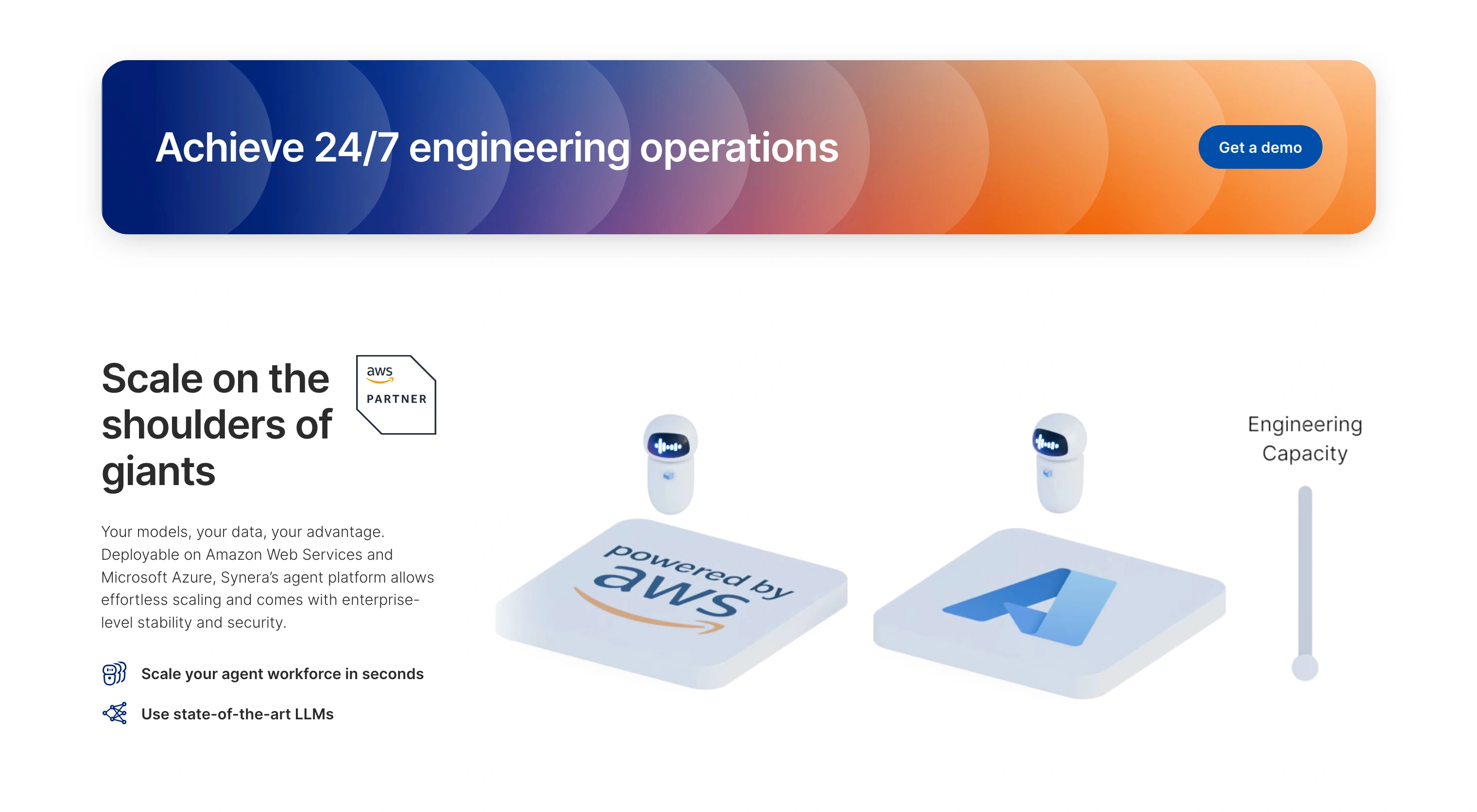 Diagram showing engineering capacity scale with two digital agents above platforms powered by AWS and Microsoft Azure logos, and text describing leveraging models and data for scalable engineer operations.