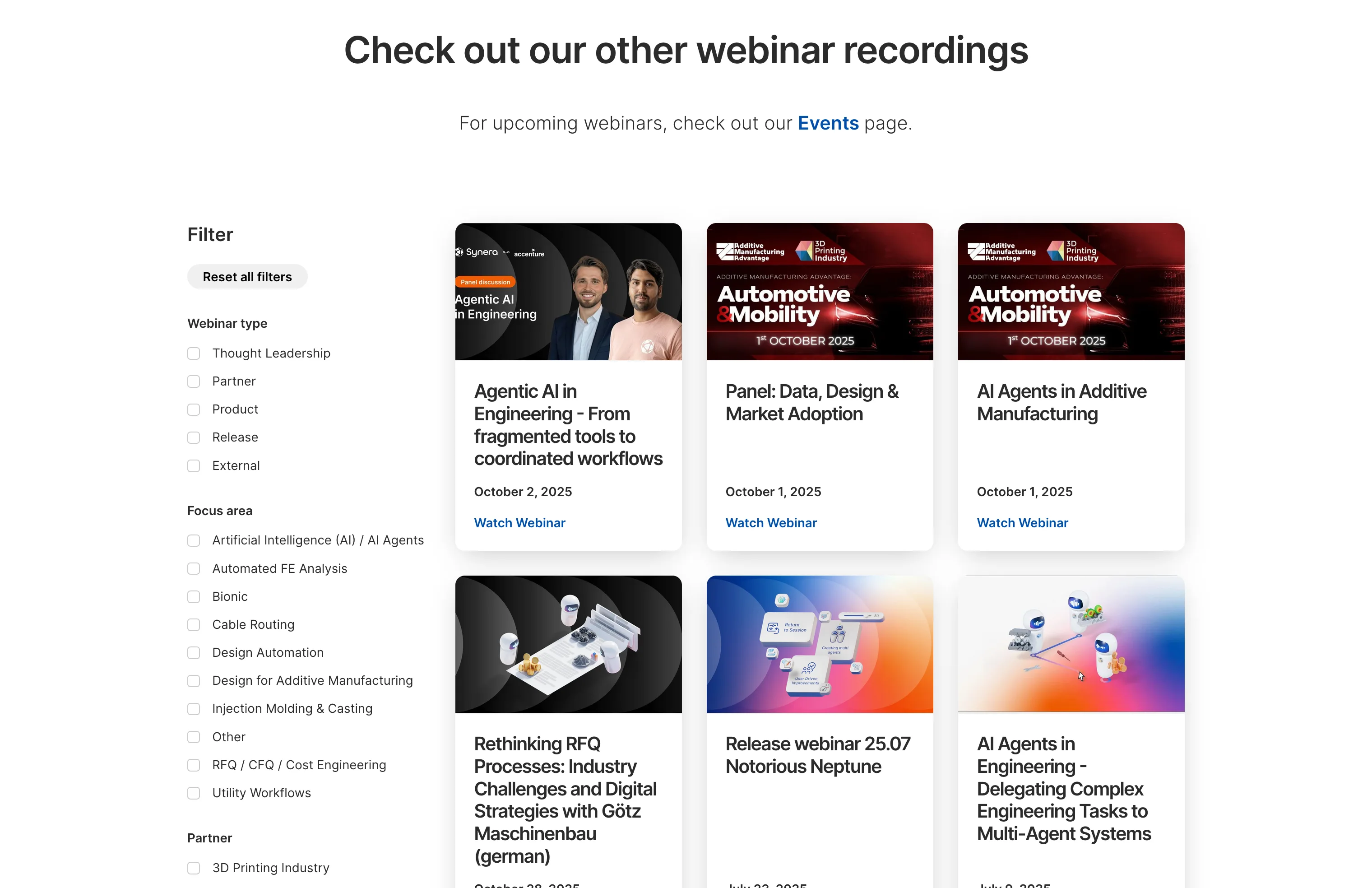 Webpage section displaying six webinar recordings with titles, dates, and 'Watch Webinar' links, alongside filter options by webinar type, focus area, and partner.