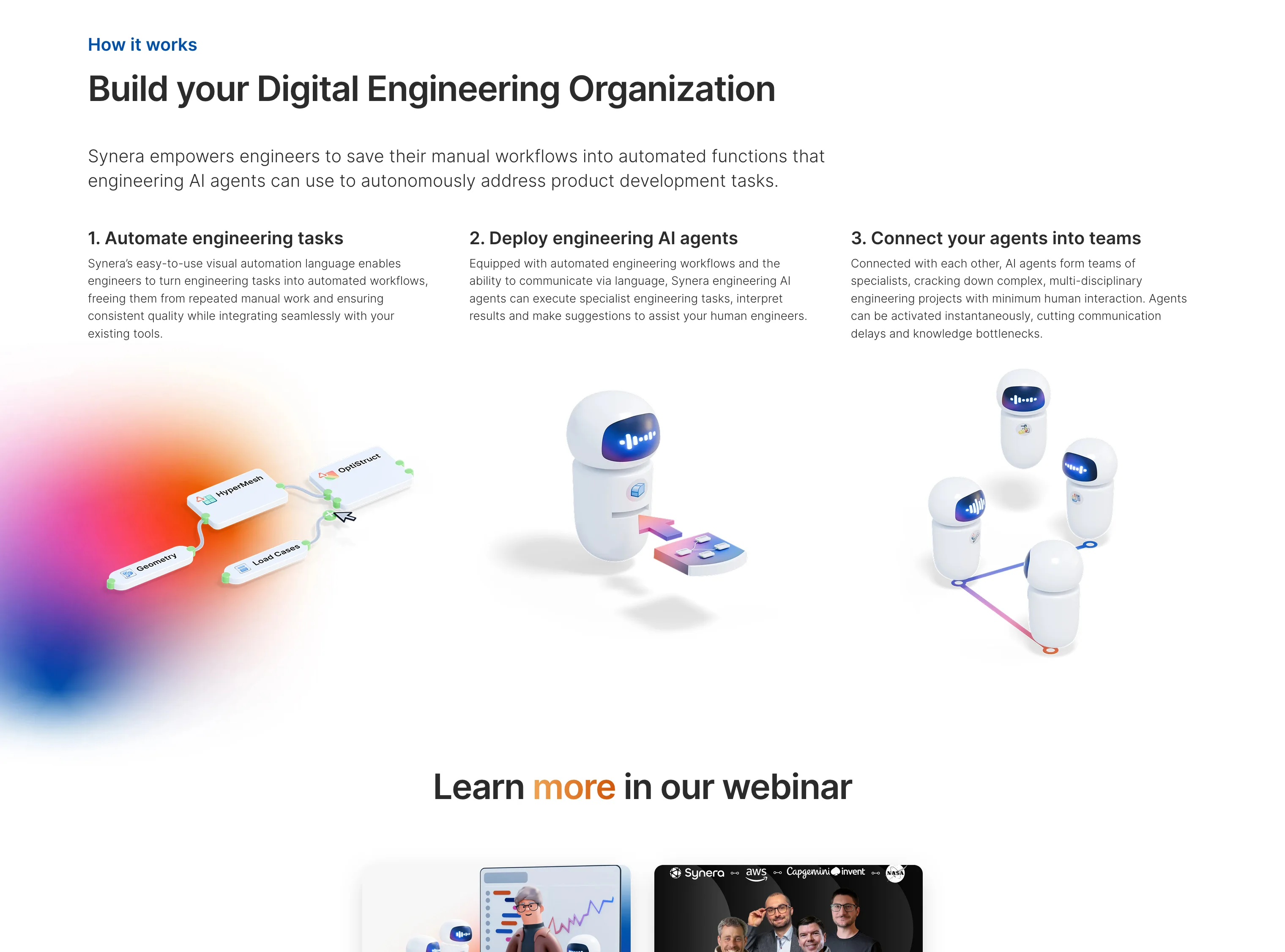 Diagram explaining digital engineering with three steps: automating engineering tasks using visual workflows, deploying AI agents to assist engineers, and connecting AI agents into specialist teams.