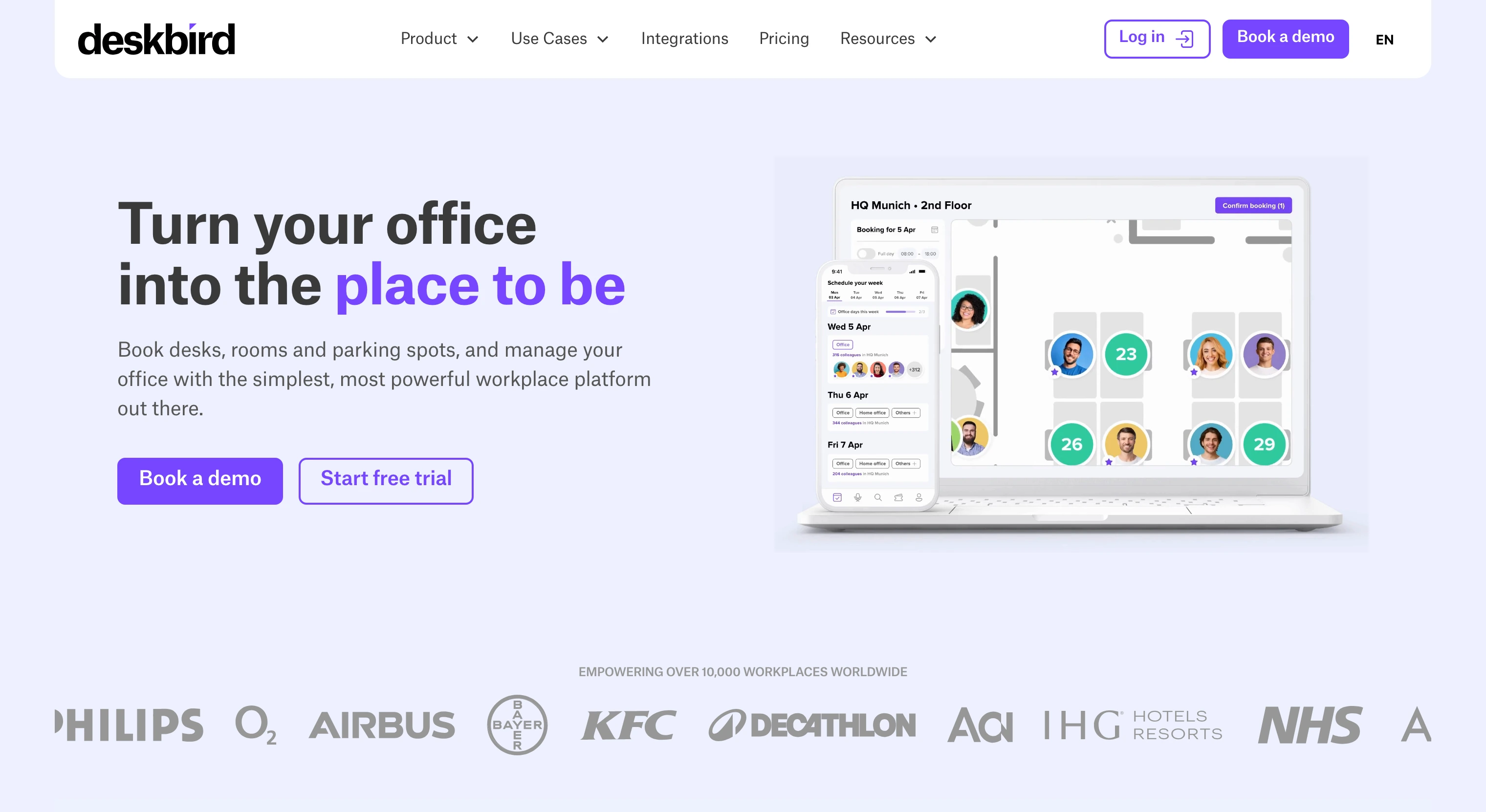 Deskbird homepage with tagline 'Turn your office into the place to be,' showing a laptop and smartphone with office desk booking interface and logos of companies like Philips, Airbus, KFC, and NHS below.