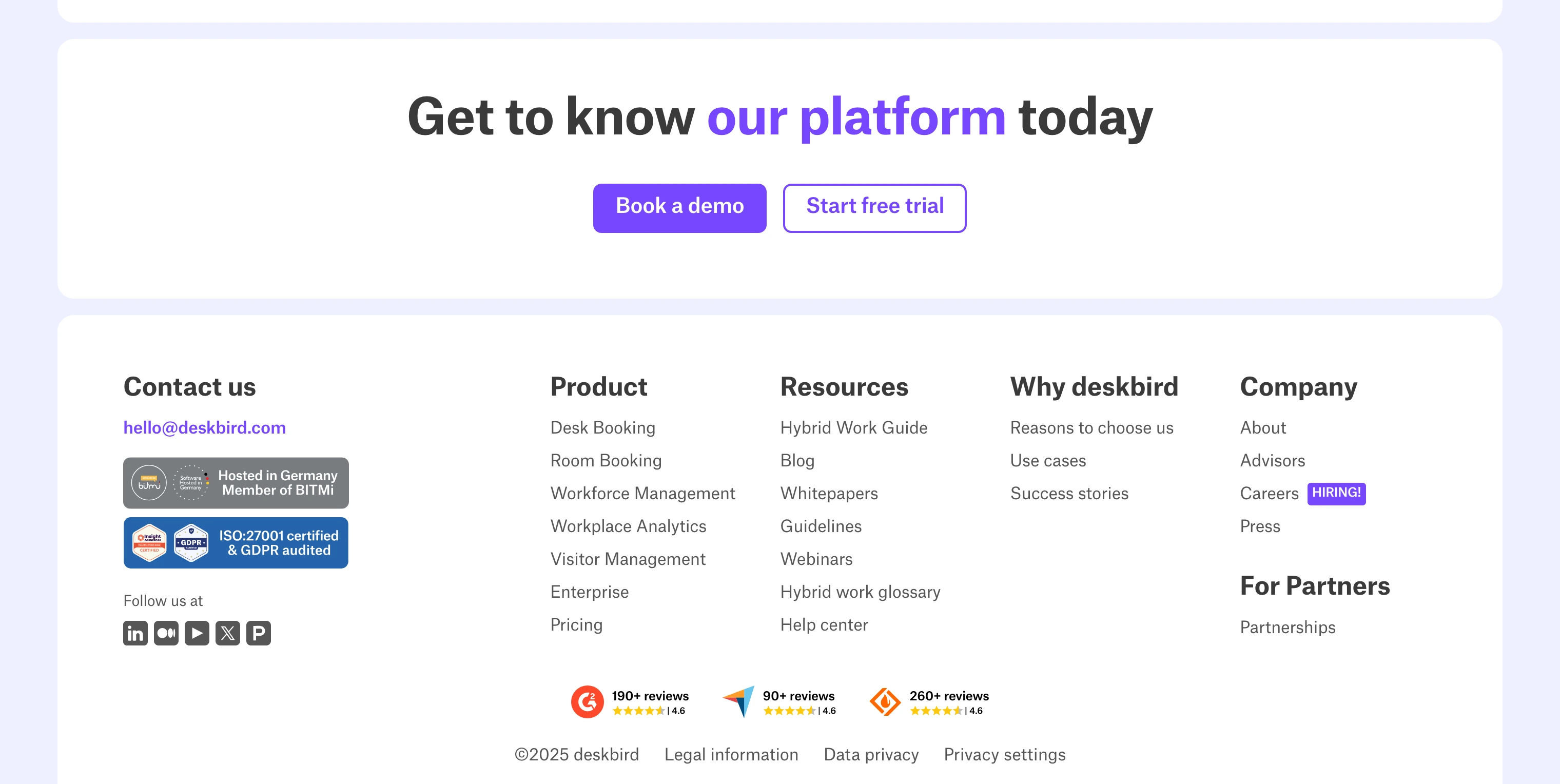 Footer section of a website showing contact email, certifications, social media icons, product and resource links, company info, and partner details.