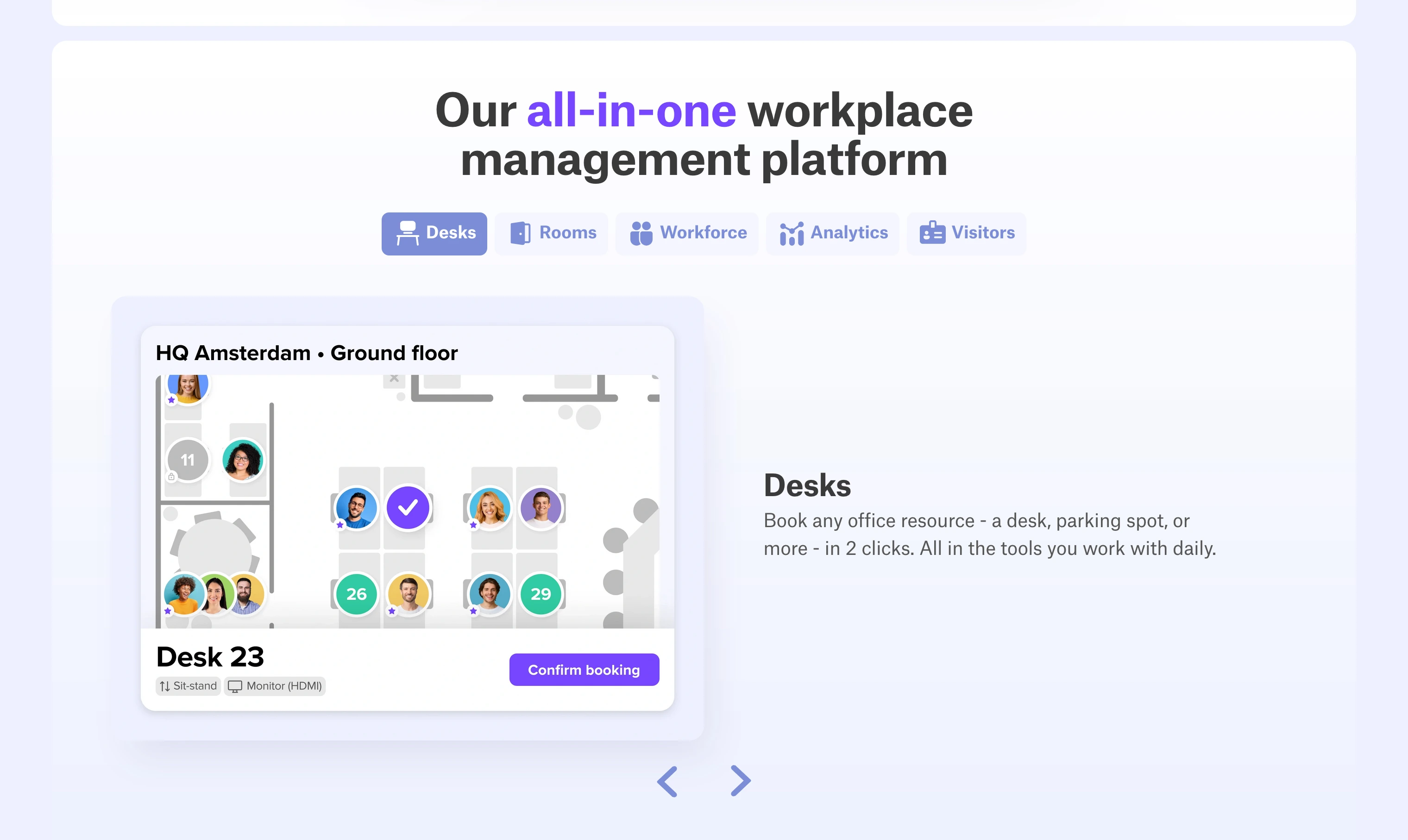 Workplace management platform interface showing desk booking for HQ Amsterdam ground floor with user photos and desk details for Desk 23.
