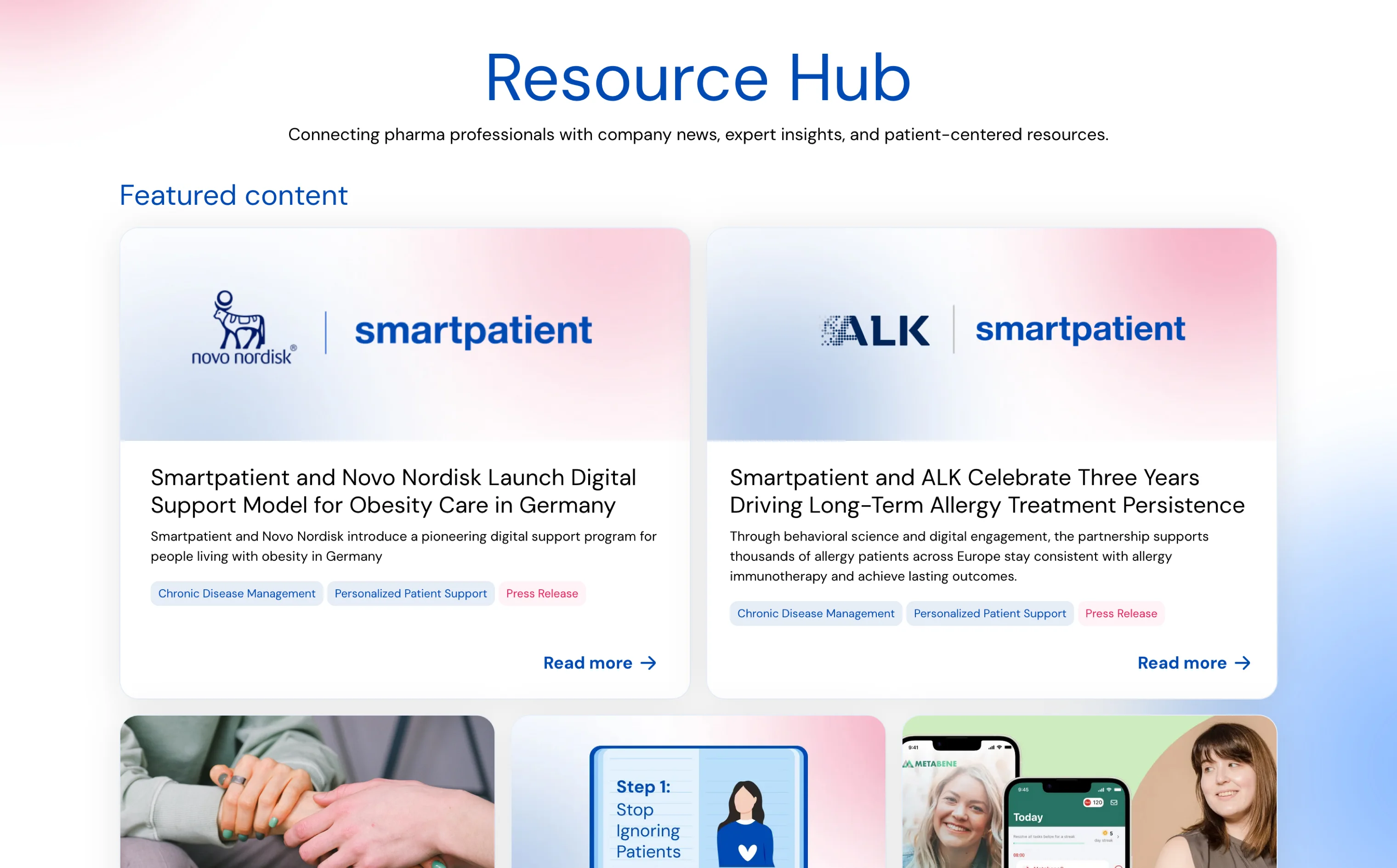 Resource Hub webpage featuring pharma partnership news, with articles from Novo Nordisk and ALK focusing on patient support programs.