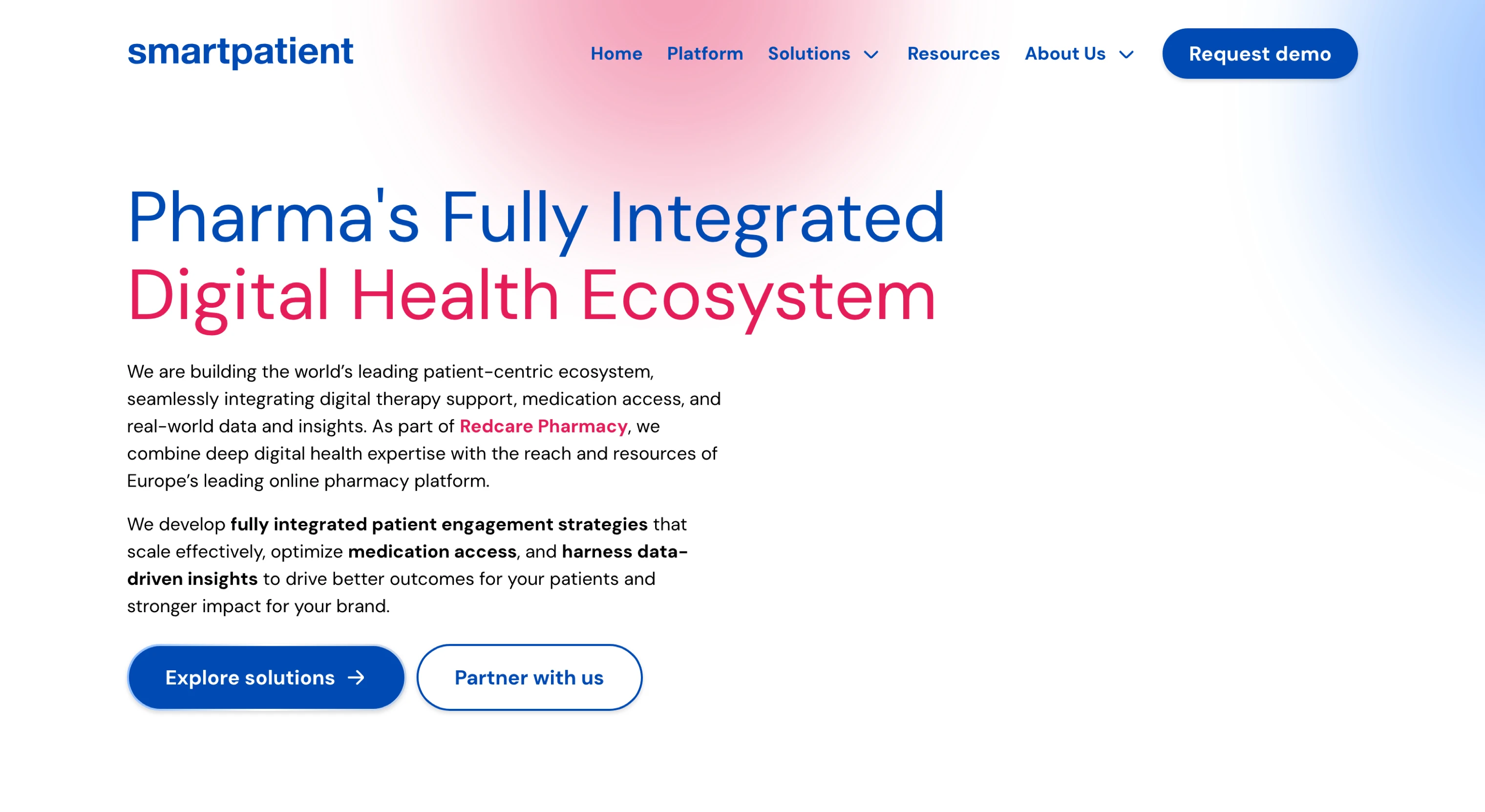 Smartpatient homepage showing headline Pharma's Fully Integrated Digital Health Ecosystem with navigation menu and call-to-action buttons Explore solutions and Partner with us.