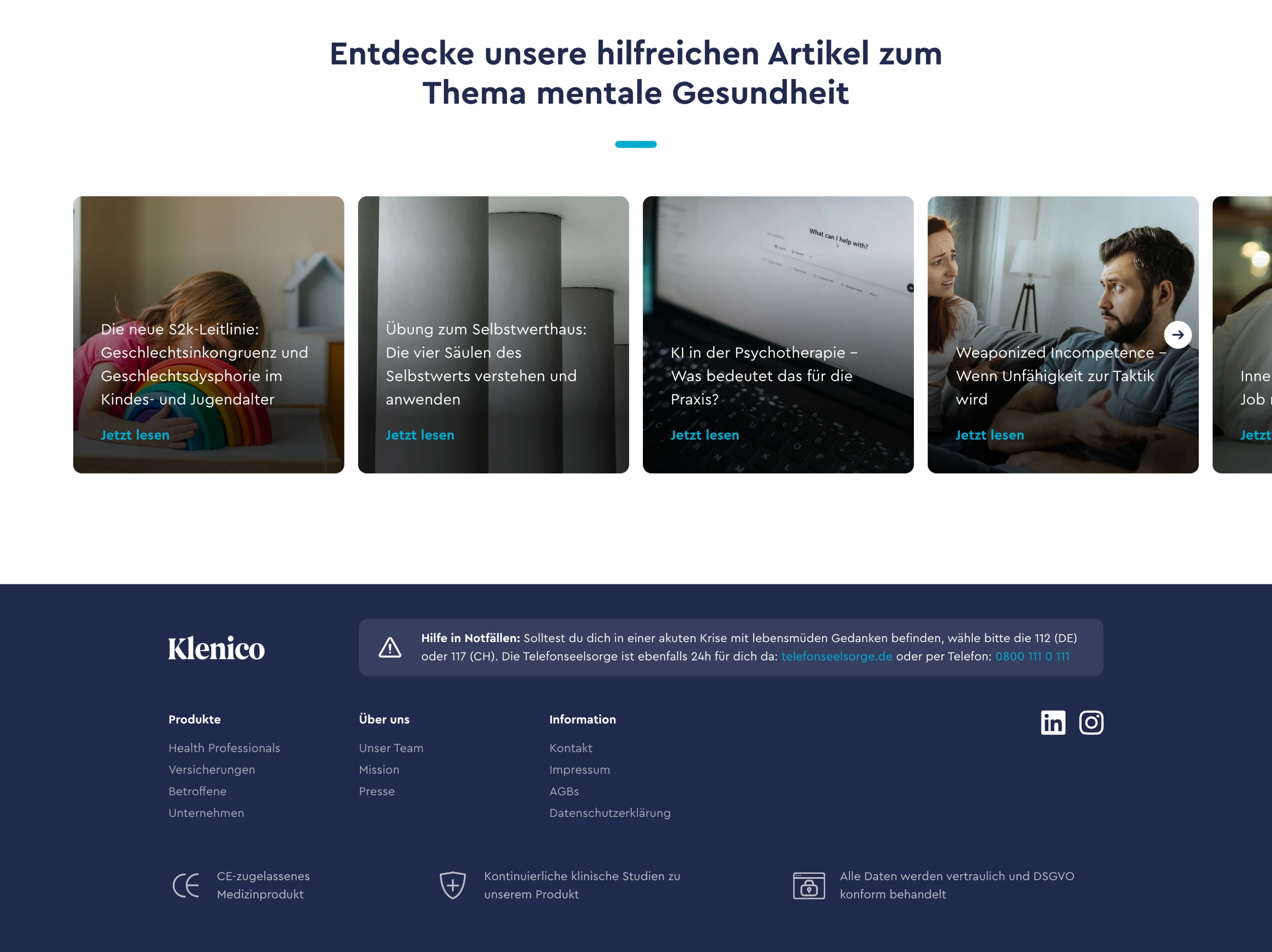 Website section titled 'Entdecke unsere hilfreichen Artikel zum Thema mentale Gesundheit' featuring four article previews with German titles and images related to mental health topics.