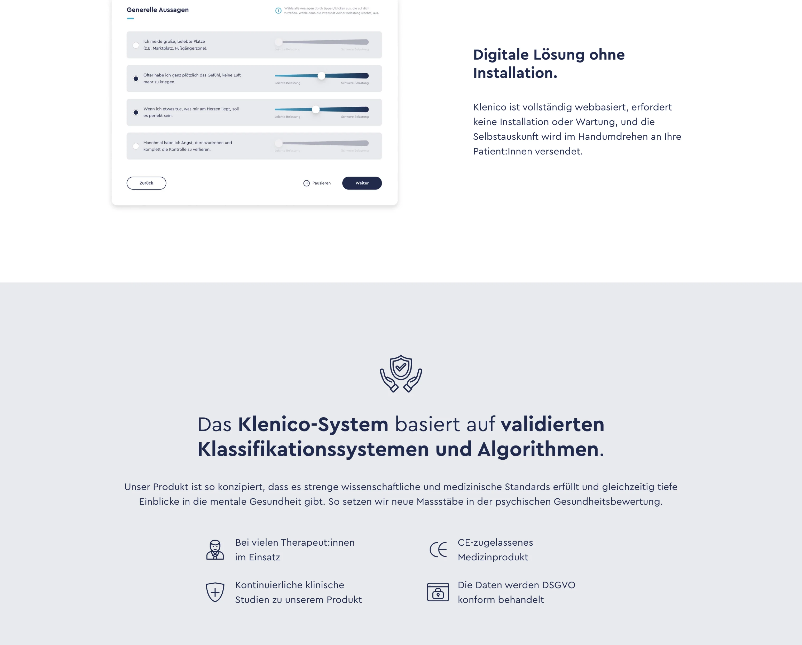 Screenshot of a survey form with sliders for intensity ratings and text about Klenico system's digital solution requiring no installation and its validated classification systems and algorithms.