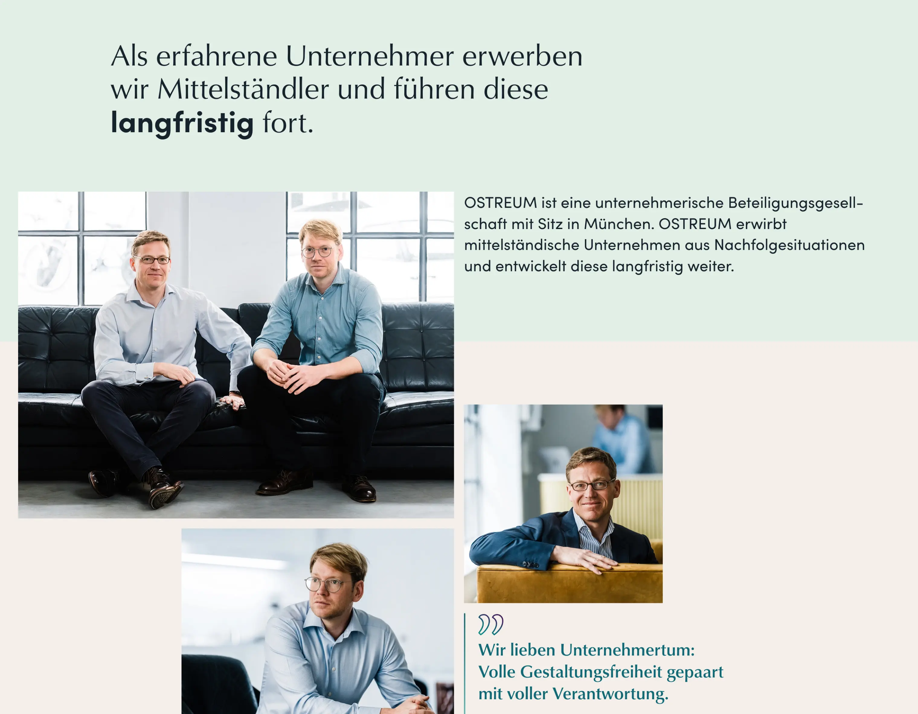 Two men sitting on a black leather couch, one man in a light blue shirt and glasses and the other in a blue shirt and glasses, and two individual portraits of the same men in professional settings.