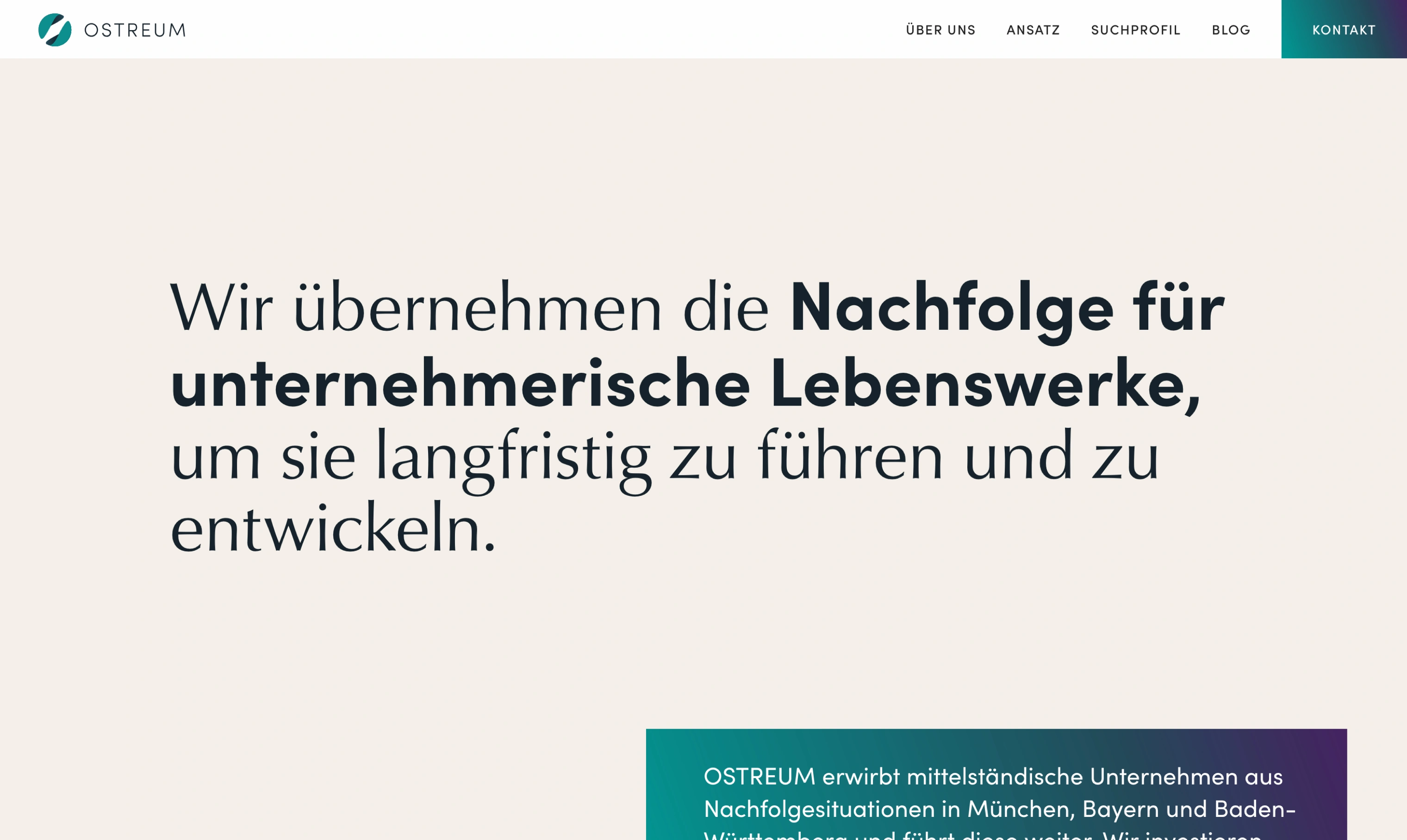 Website header of OSTREUM with a German text stating their commitment to business succession for entrepreneurial legacies for long-term leadership and development.
