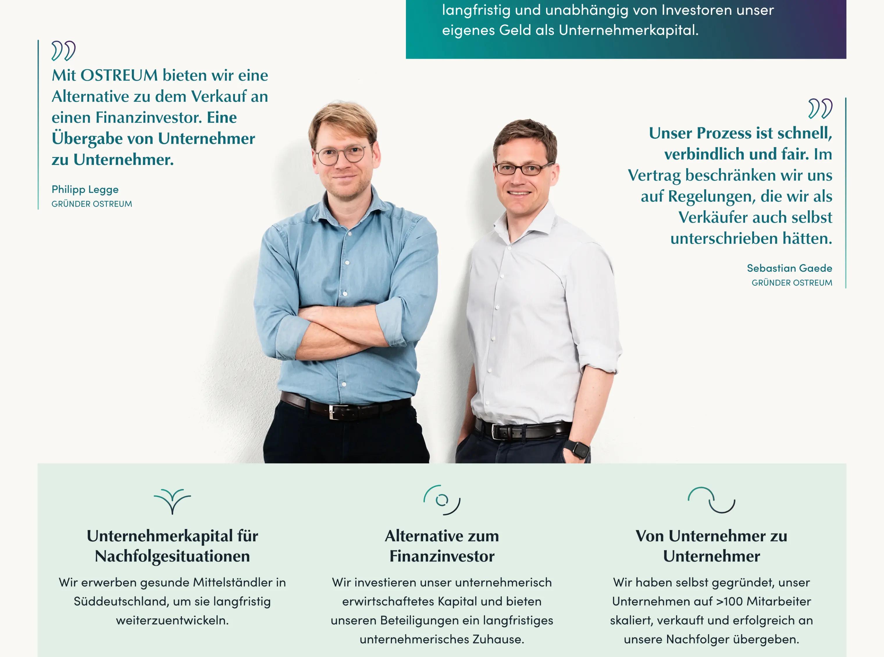 Two men with glasses standing side by side, one in a blue shirt and the other in a white shirt, with German text testimonials and business service descriptions around them.
