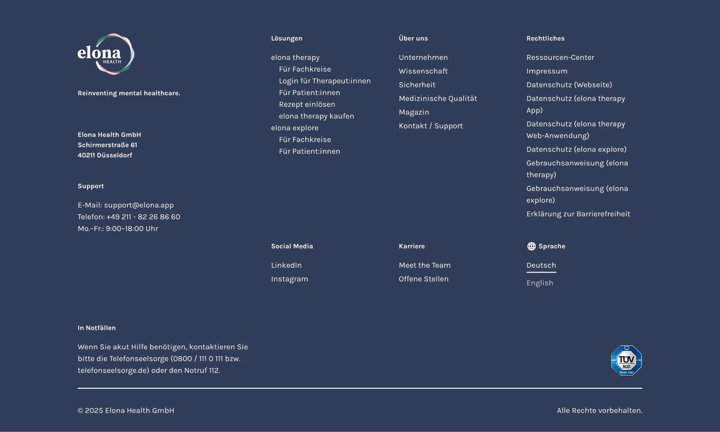 Footer of Elona Health website with company address, support contact, solutions, about us, legal information, social media links, career options, language selection, emergency contact, and TÜV SÜD certification badge.