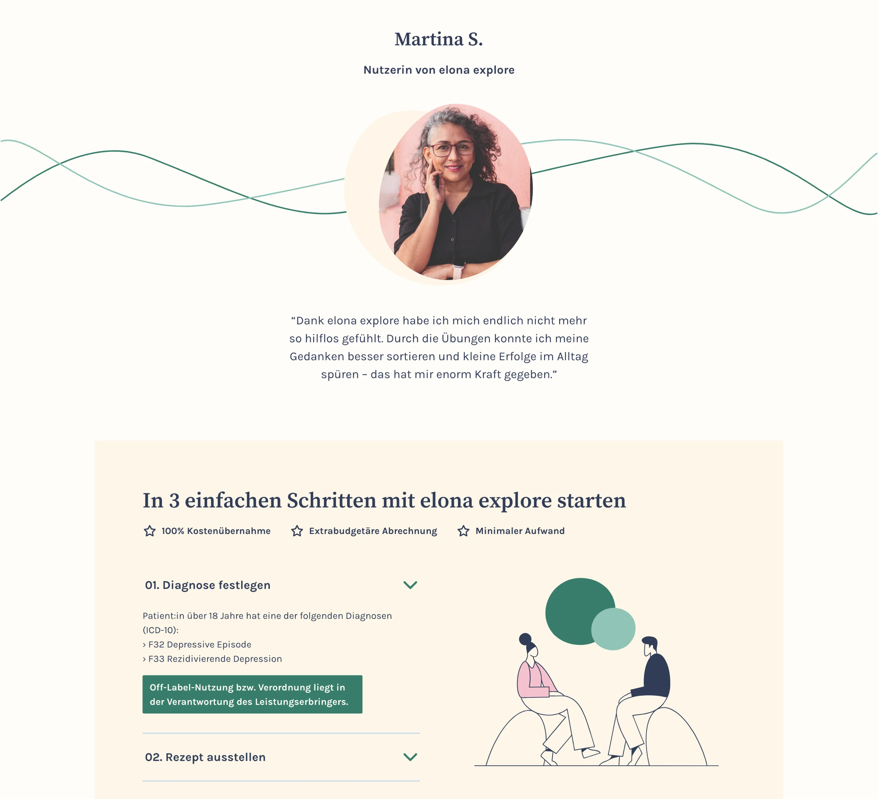 Portrait of a smiling woman with curly gray hair and glasses, above a testimonial in German about the benefits of elona explore, followed by steps to start with elona explore including diagnosis and prescription instructions.