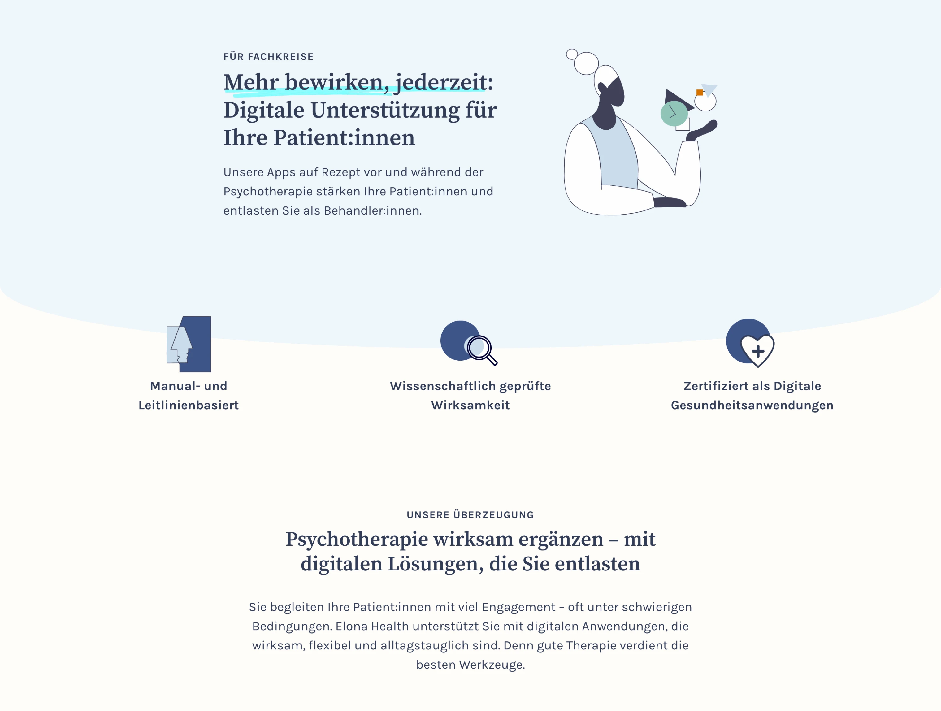 Illustration of a person holding icons representing digital tools with German text about digital support for patients and psychotherapy benefits.