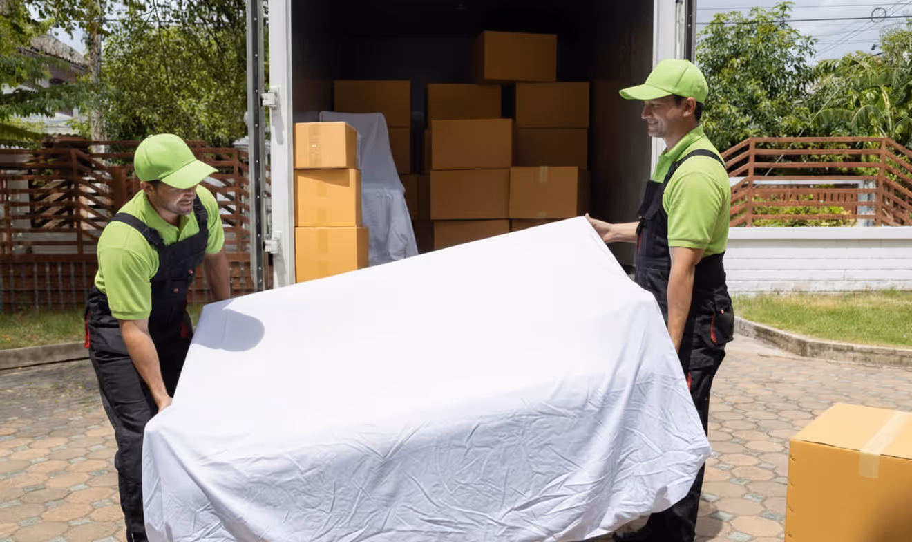 Two movers wearing green caps and shirts carrying a large object covered with a white cloth in front of a moving truck with packed boxes inside.