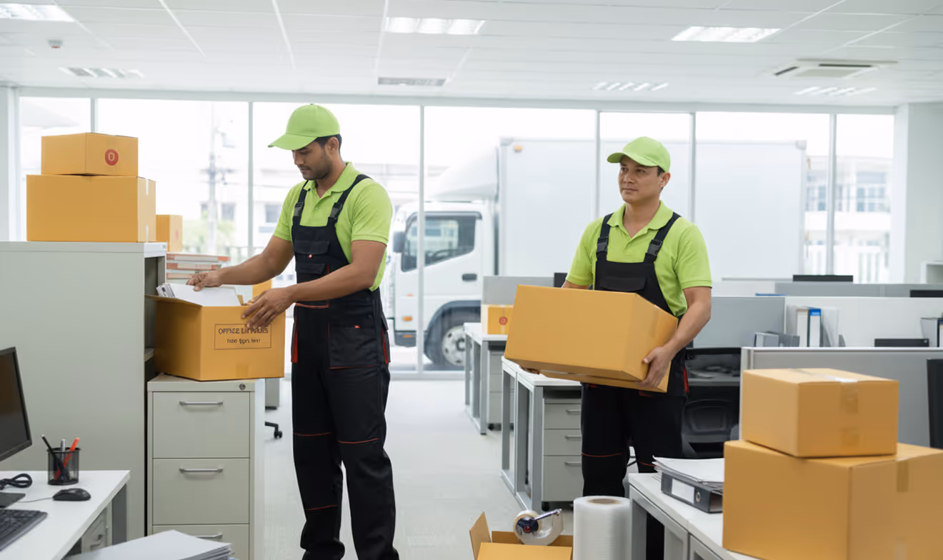 Two delivery workers in green shirts and caps handling cardboard boxes inside a bright office with large windows and a parked truck outside.