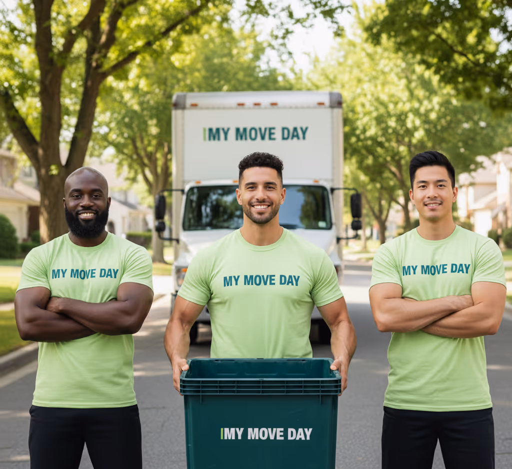 Three smiling movers in green 'MY MOVE DAY' t-shirts standing in front of a moving truck, one holding a green plastic bin.