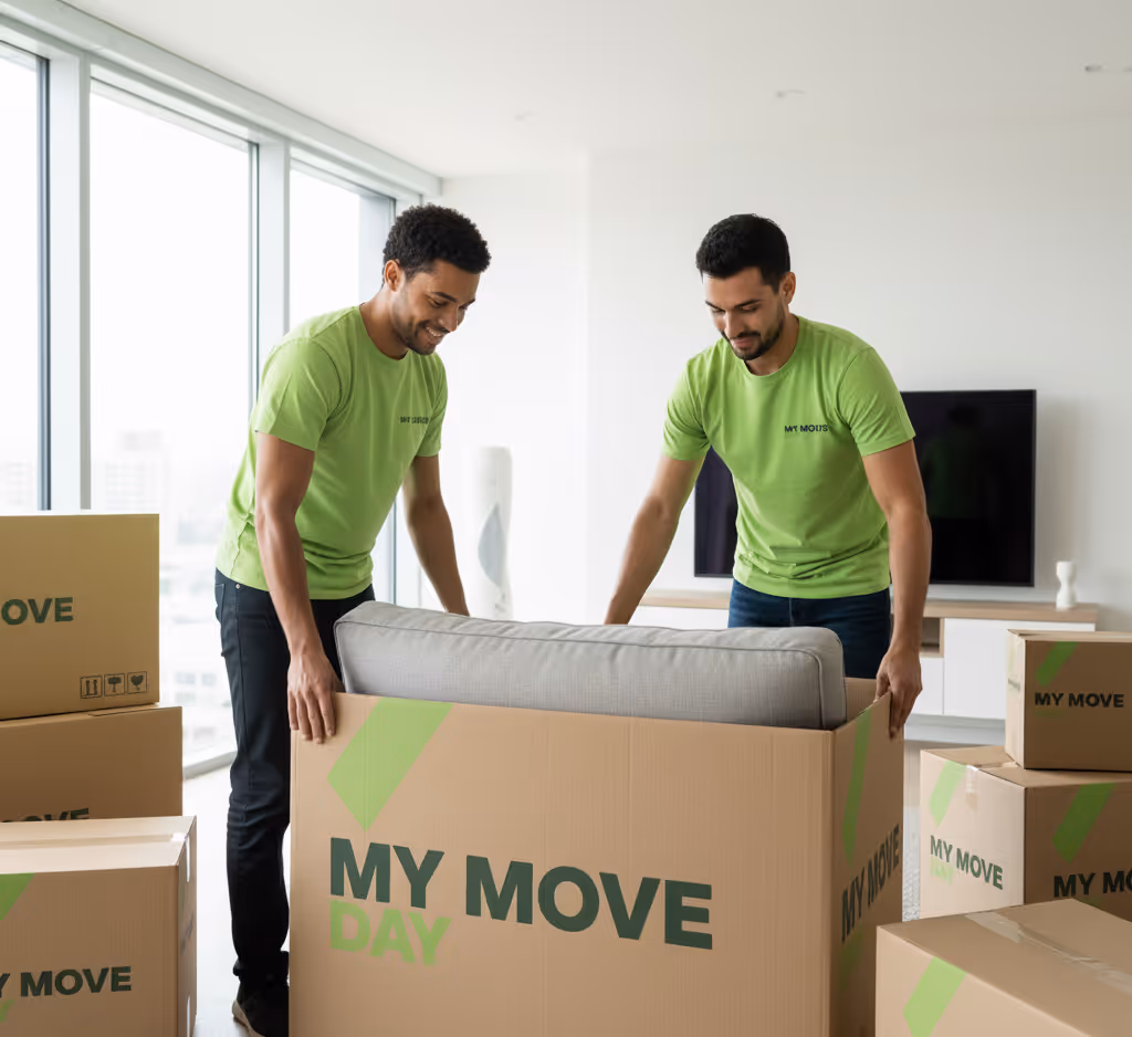 Two men in green shirts carrying a couch in a cardboard box labeled 'MY MOVE DAY' inside a modern apartment with moving boxes.