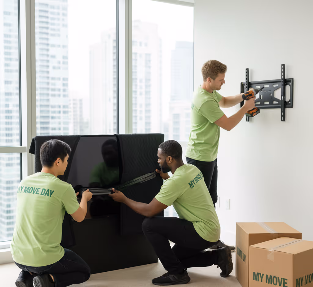 Three movers in green shirts installing a TV mount and wrapping a TV in black padding in a modern apartment.