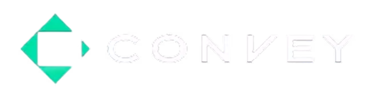 Convey company logo with stylized green geometric shapes forming a left arrow beside the word 'CONVEY' in white uppercase letters.