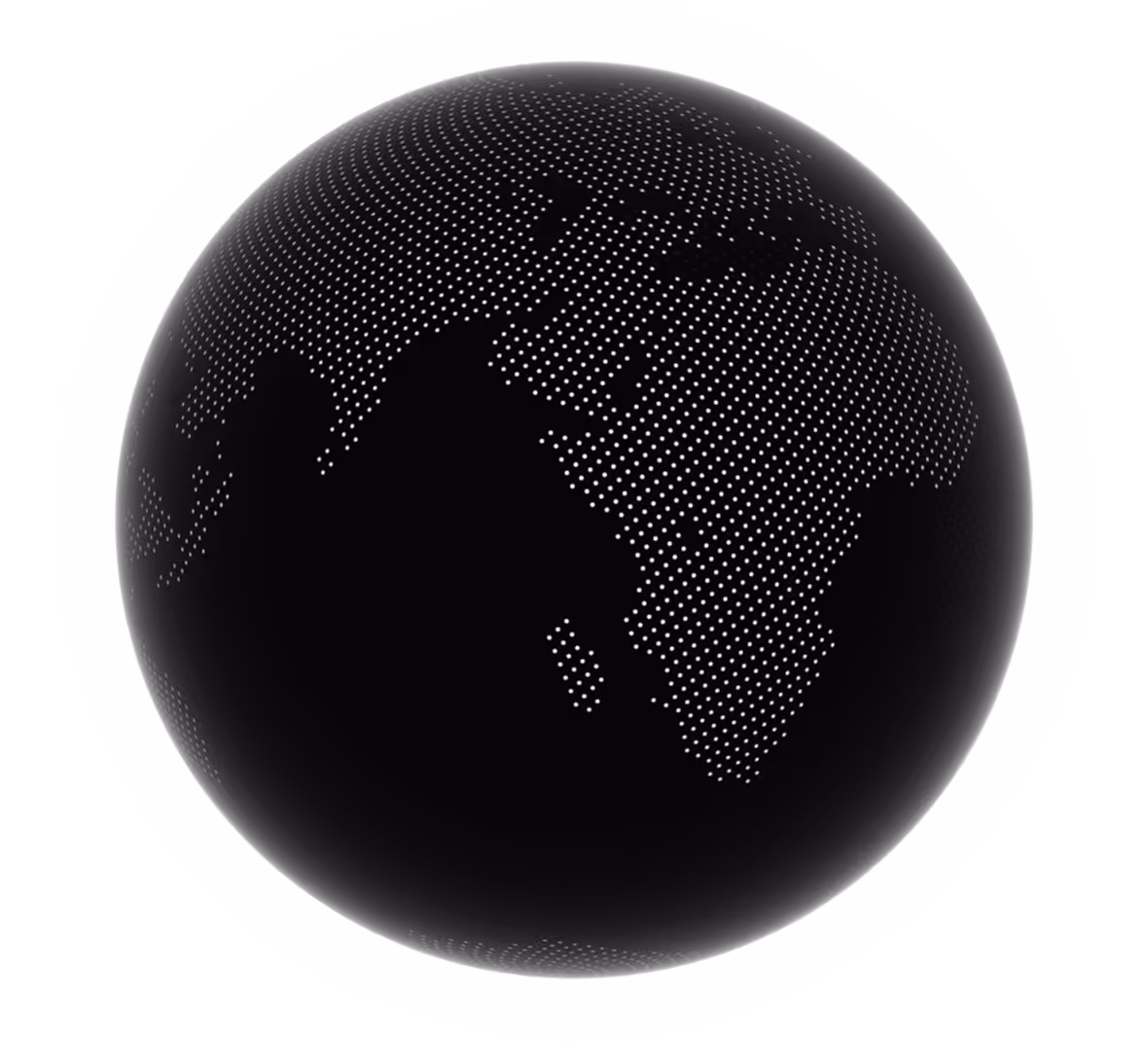 Black globe with continents outlined by small white dots.