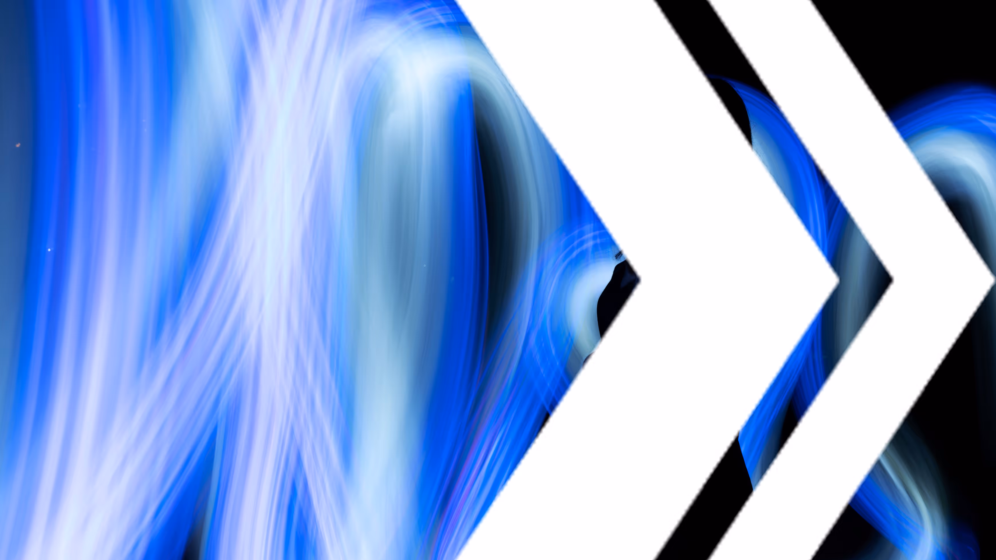 Abstract blue light trails with two large white arrows pointing right on a black background.