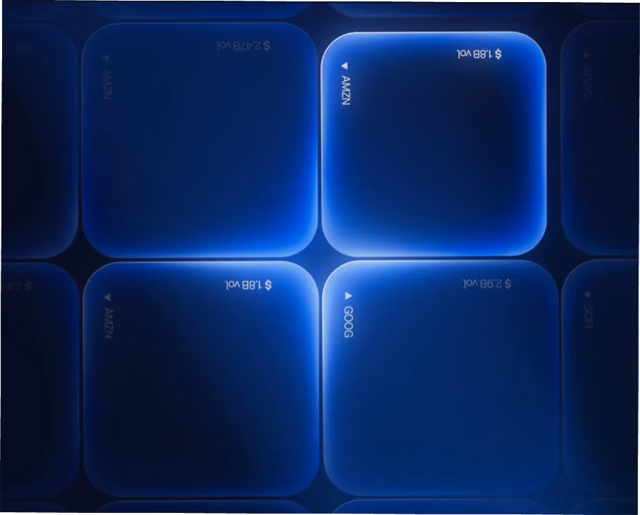 Four blue glowing squares showing stock symbols AMZN and GOOG with volume and price details.