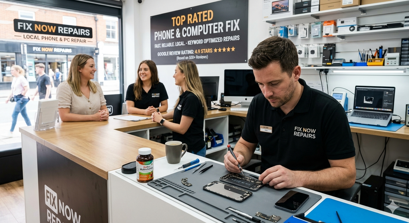 Professional technician repairing a broken smartphone and laptop at Hysttaville MD, Gaithersburg MD repair shops.