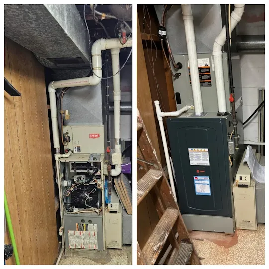 Two views of a residential HVAC furnace and heating system