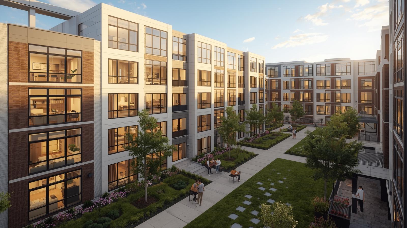 Modern apartment buildings with outdoor community spaces in San Diego