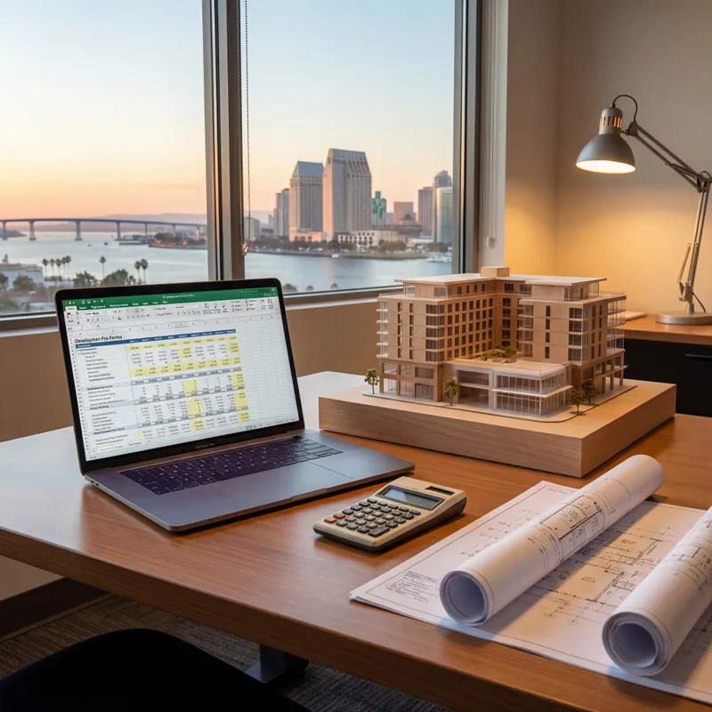 Development pro-forma spreadsheet with building massing model and San Diego skyline for CCHS feasibility analysis.