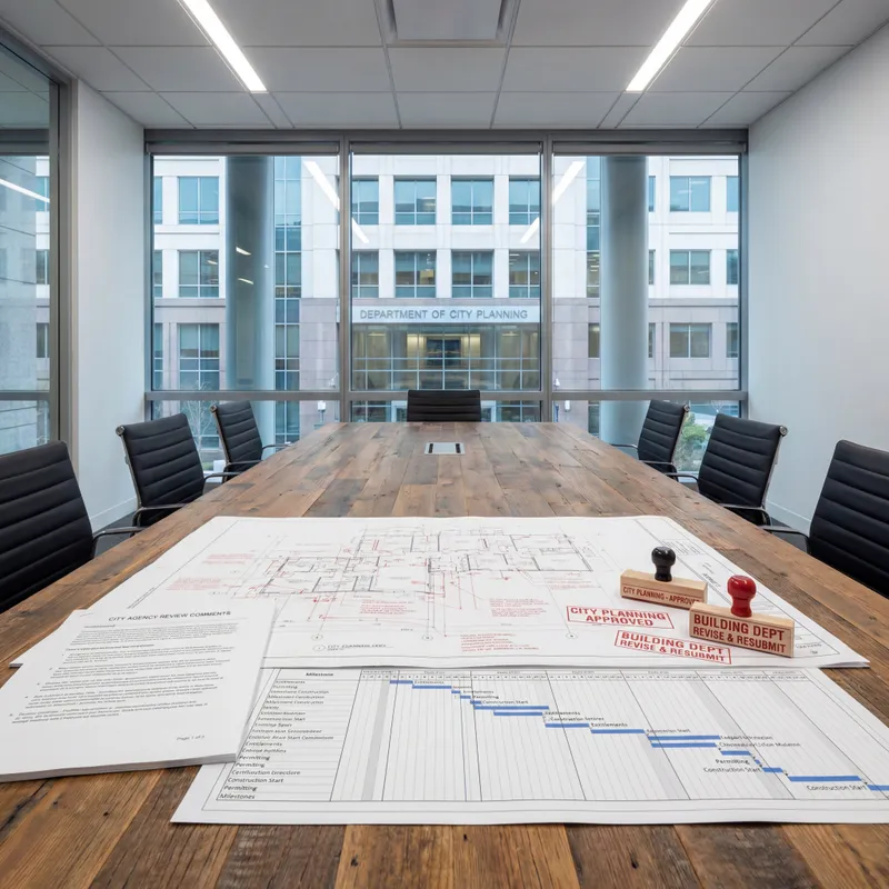 City planning department conference room with architectural review documents and agency approval stamps.