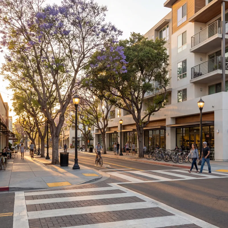 Tree-lined San Diego streetscape with pedestrian crosswalks, bike racks, and mixed-use buildings at golden hour.