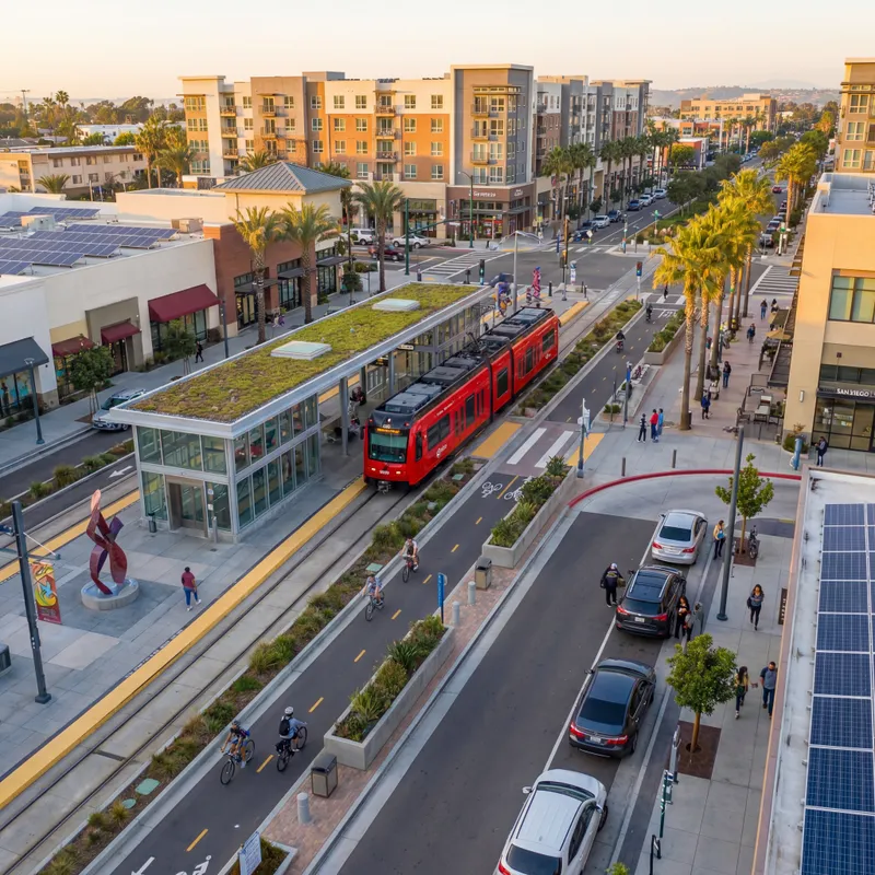 San Diego trolley and transit-oriented streetscape with bike lanes and mixed-use housing for CCHS mobility choices.