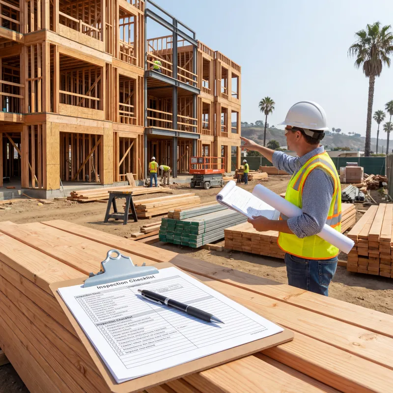 Construction inspector reviewing plans at multifamily housing site with inspection checklist in San Diego.
