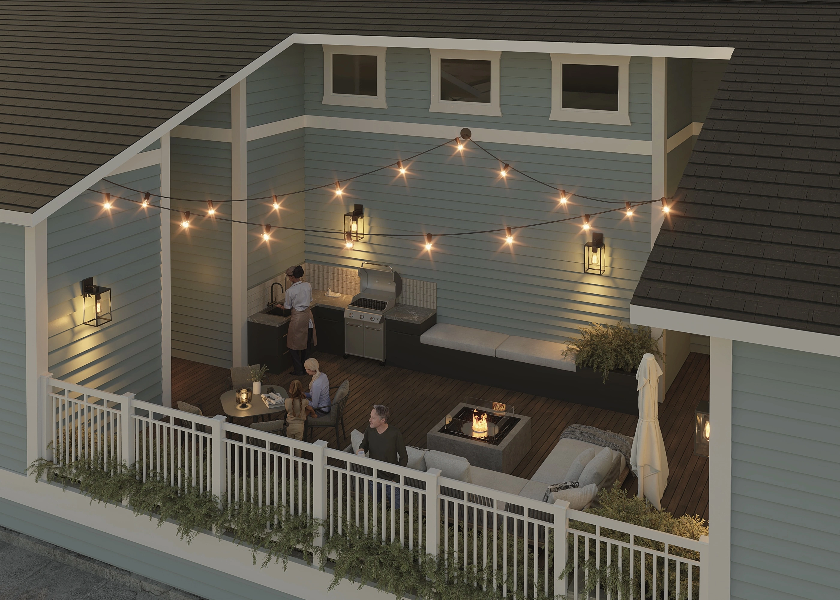 North Park Nook rooftop deck with string lights, outdoor kitchen, fire pit, and lounge seating at evening