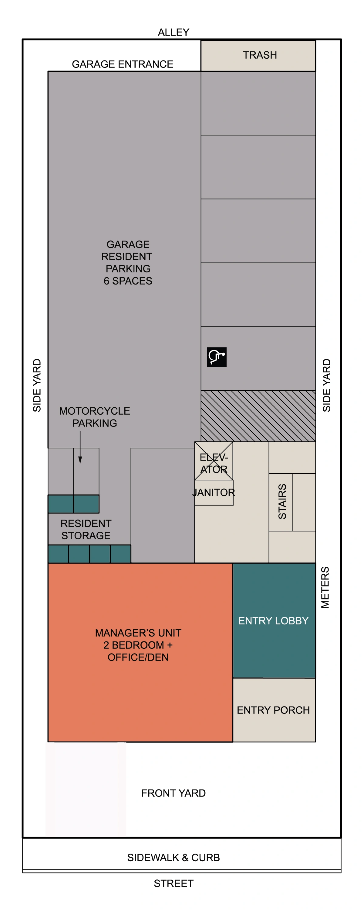 North Park Nook ground floor plan showing garage parking, manager unit, entry lobby, and resident storage