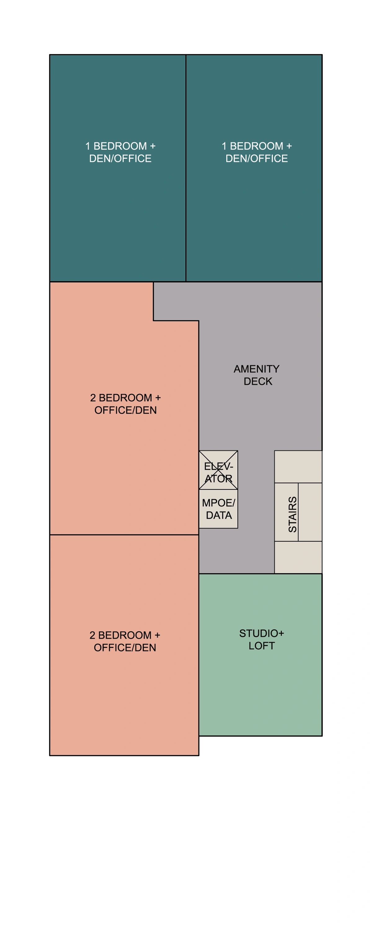 North Park Nook second floor plan with bedroom units, studio loft, and amenity deck