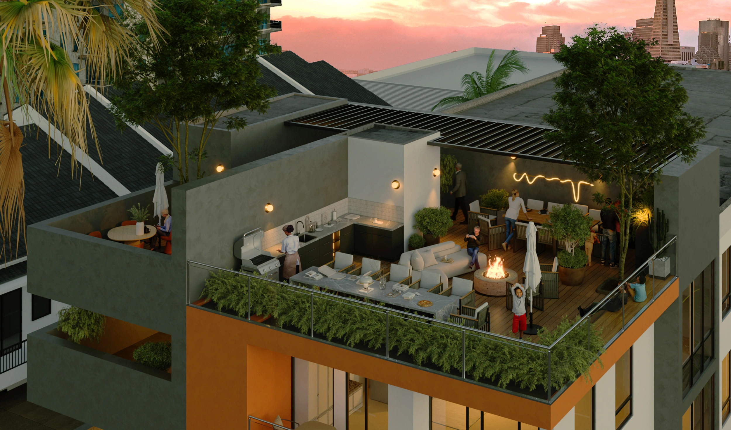 The Corner Lot rooftop terrace at sunset wide view