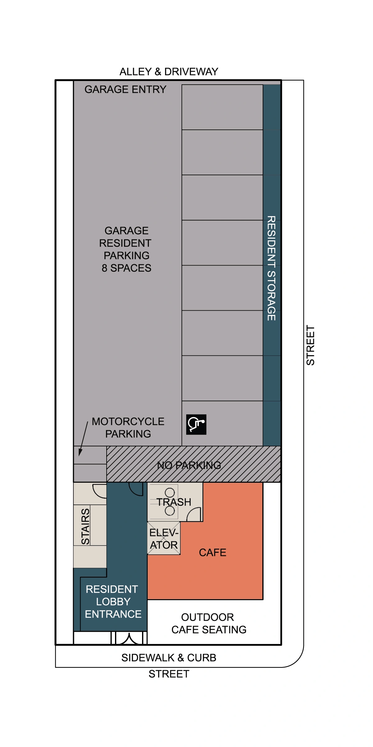 The Corner Lot ground floor plan with cafe and parking